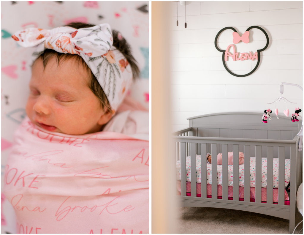 Minnie Mouse newborn nursery with baby girl swaddled in pink swaddle