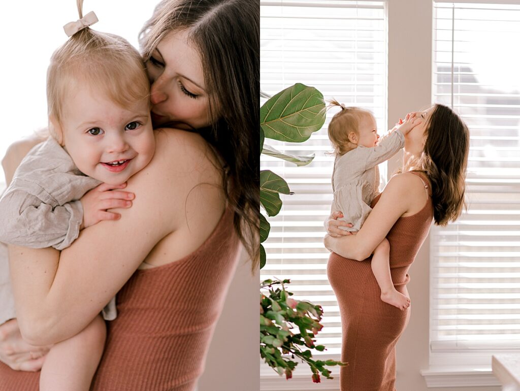 An expecting mom and toddler daughter, playing together in the kitchen for a north ridgeville maternity session by maternity photographer, Brittany Serowski Photography.