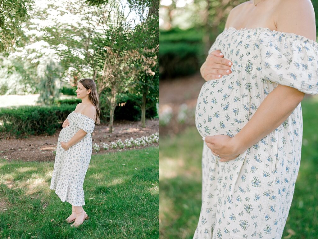 A Schoepfle Gardens summer maternity session by Brittany Serowski Photography with a portrait of mom holding her belly while looking away from the camera.