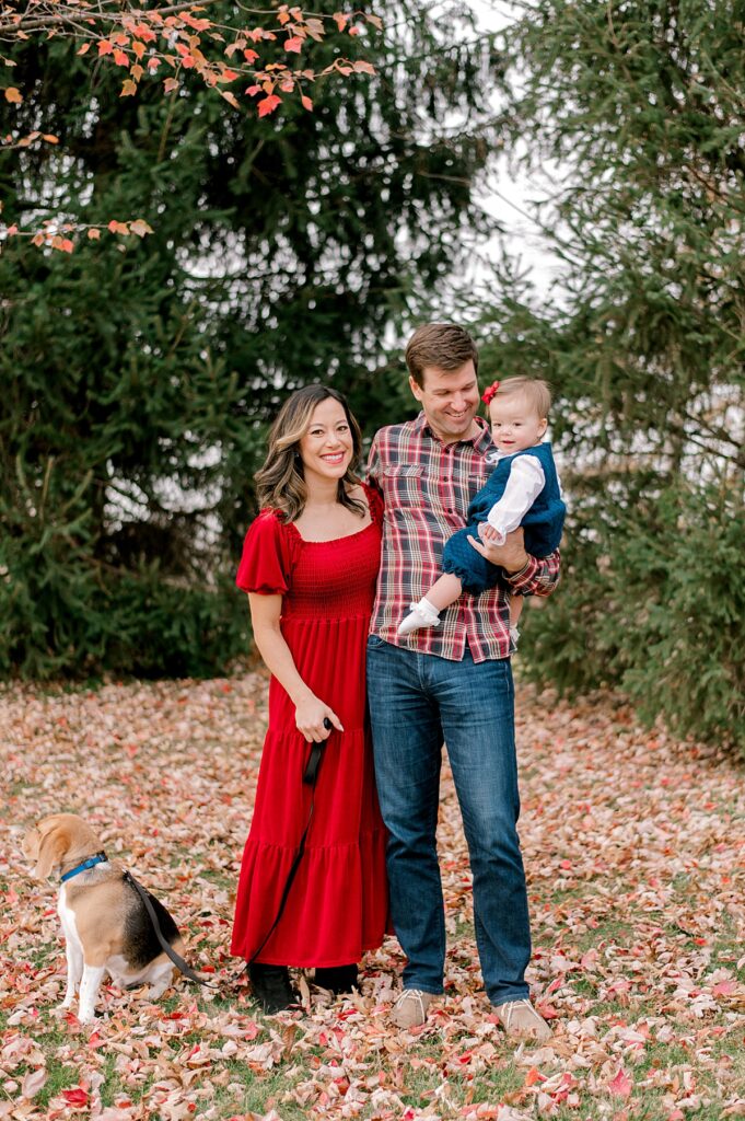 A family of three in holiday clothing along with their dog, smiling at the camera in front of pine trees. Mom is in a long red holiday dress. Taken by Cleveland fall family photographer, Brittany Serowski Photography.