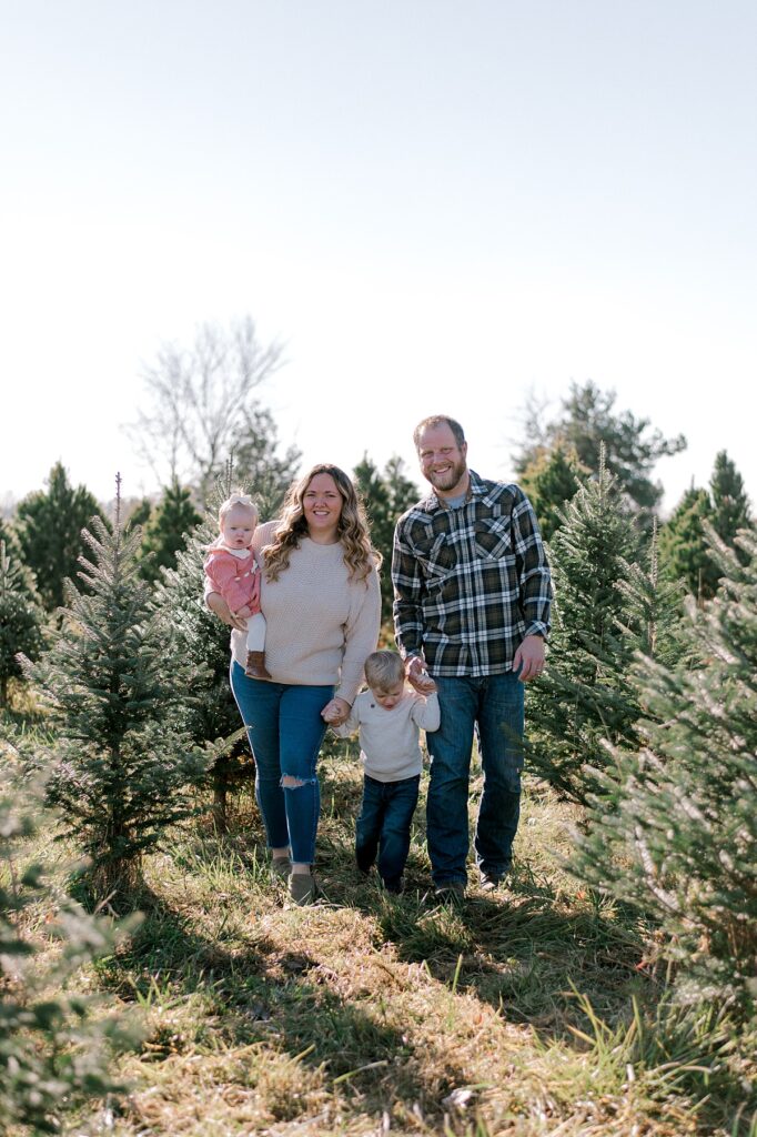A Cleveland Tree Farm milestone portrait session by Brittany Serowski Photography. A family of four walking in row of trees at a local Christmas Tree Farm, while mom and dad hold the hands of their kids and walking towards the camera smiling.