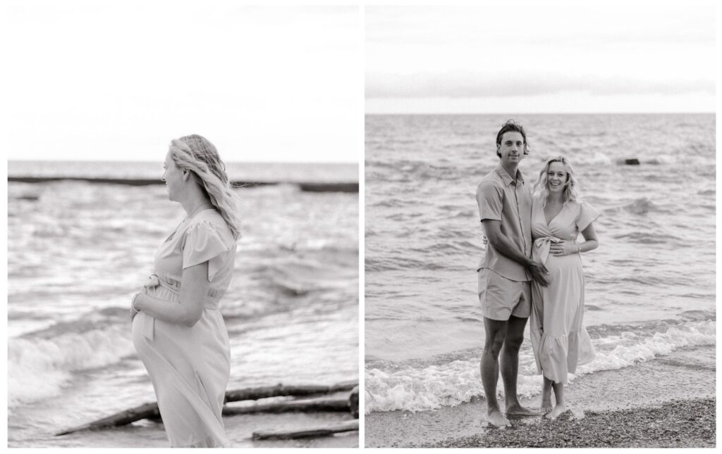 Two black and white photos, side by side. One is of an expecting couple standing on the beach, looking straight ahead at the camera, smiling while holding on the wife's belly. The other photo is an expecting mother holding her belly while looking out onto the lake. Best Time to Book Maternity Portraits by Cleveland Maternity Photographer, Brittany Serowski Photography.