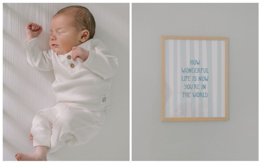 Two images paired together. On the left, a baby boy in a white newborn romper, laying fast asleep in his crib. Atop white bed sheets. On the right, a framed art piece, for a light blue and white nursery. A session documented by Brittany Serowski Photography for a Cleveland In Home Newborn Photography Session.