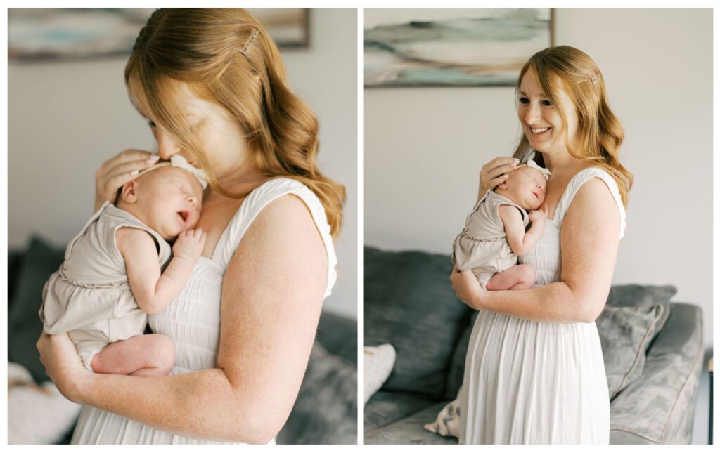 Peaceful in-home photo of baby and mother during early postpartum. The perfect age for when to book a newborn photographer in Cleveland. Captured by Brittany Serowski Photography.